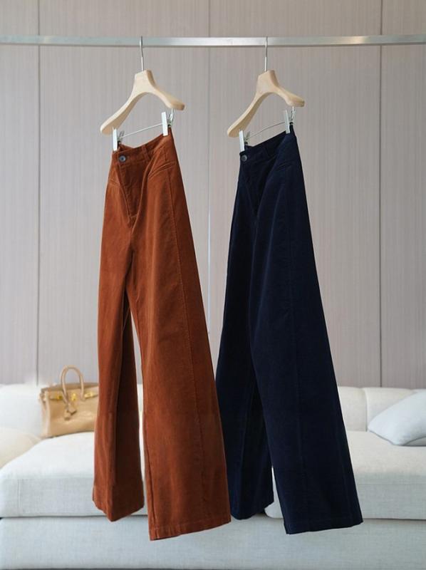 パンツ レディース 暖か コーデュロイ ワイドパンツ ゆったり ストレート ズボン 普段使い リラックス カジュアル 日韓スタイル オレンジ系 紺色｜ラシャンスショップ