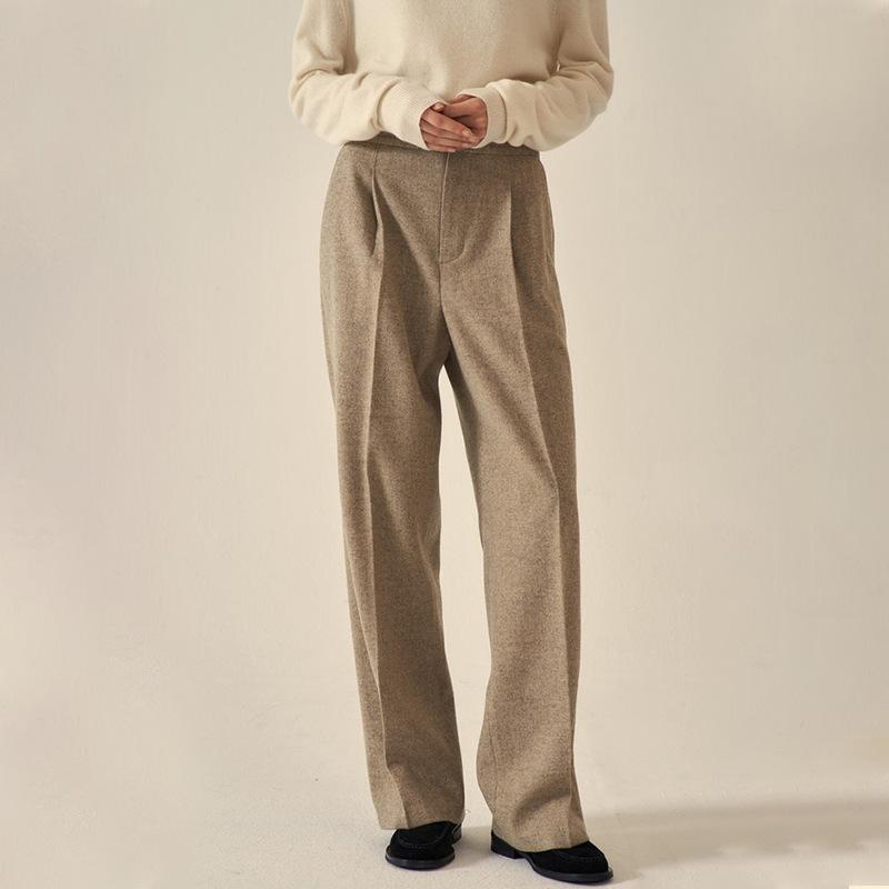 パンツ レディース 春秋 ウール混 ワイドレッグパンツ ストレート 高見え きれいめ カジュアル 通勤 オートミール グレー｜ラシャンスショップ