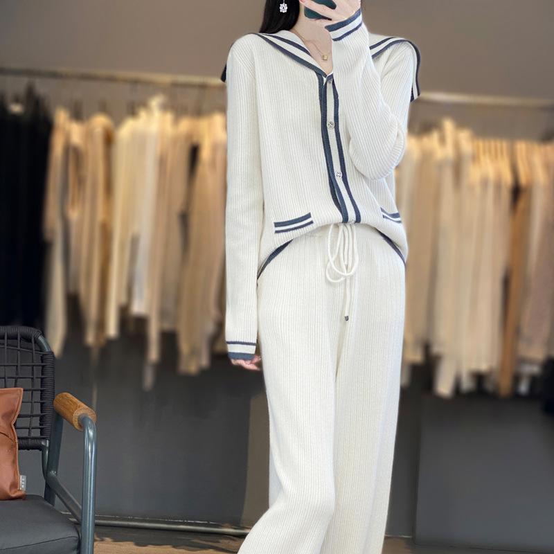 ニット レディース パンツ セットアップ 春秋 長袖 セーター ワイドパンツ 2点セット 韓国 ファッション きれいめ おしゃれ 着痩せ 上下セット 通勤 オフィス カジュアル エレガント かわいい ネイビー ホワイト グレー｜ラシャンスショップ 12,823円