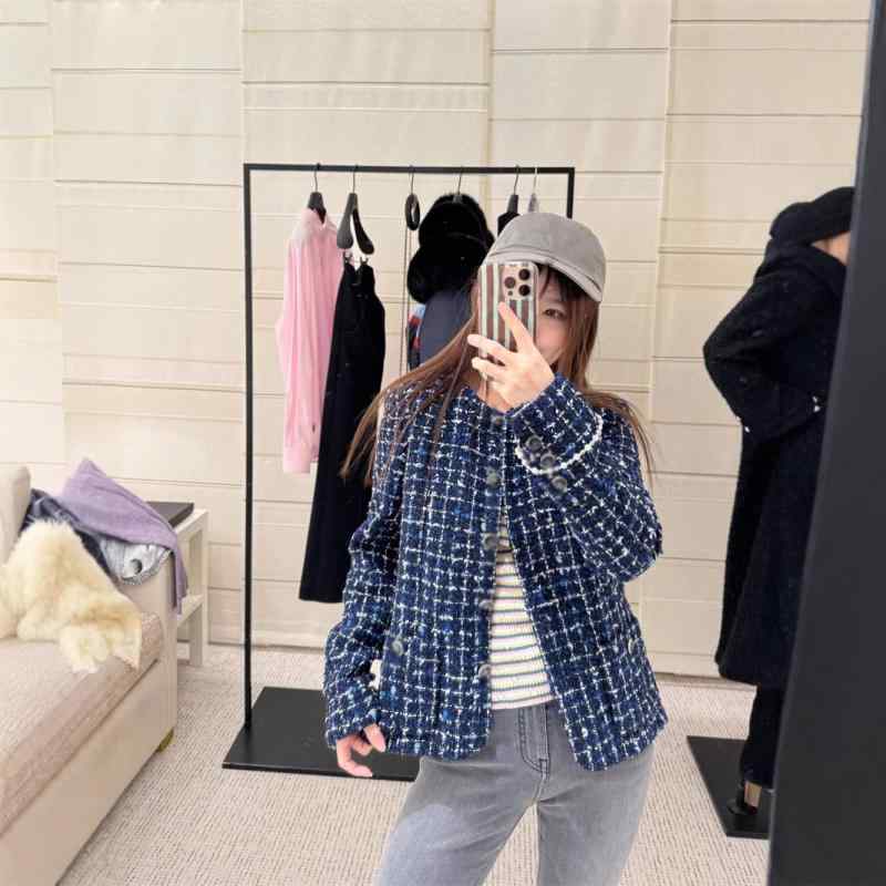 ジャケット レディース 格子柄 ラウンドネック シングルブレスト レトロ 文芸風 ニット ツイード アウター ブルー｜ラシャンスショップ