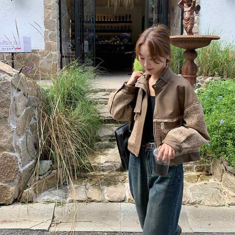 ジャケット レディース 春秋 ショート丈 配色 ゆったり フェイクレザー ブルゾン アウター 長袖 ストリート カジュアル 普段使い｜ラシャンスショップ