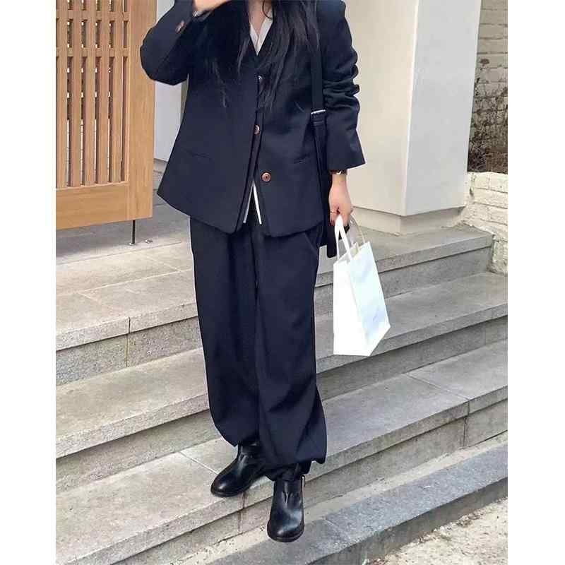 スーツ レディース Vネック ジャケット パンツ セットアップ ポリエステル 無地 ゆったりめ ウエストゴム 伸縮性あり 通勤 オフィス カジュアル｜ラシャンスショップ