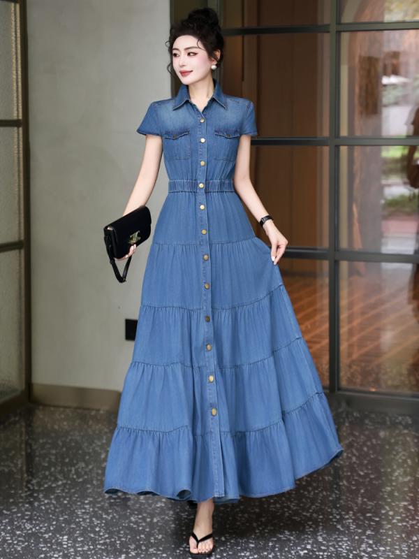 ワンピース レディース デニム 切り替え ティアード ロング丈 フレンチガーリー レトロ おしゃれ 高級感 春夏|ラシャンスショップ