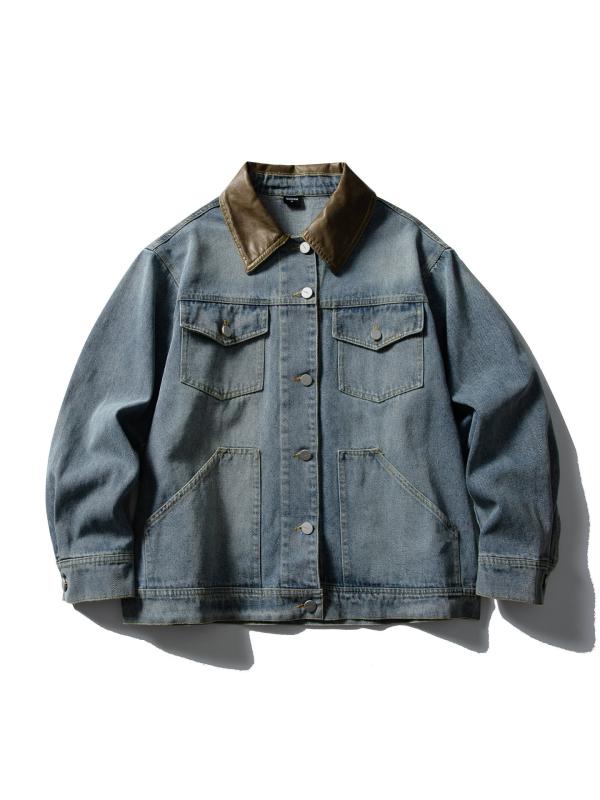 ジャケット 男性用 ブルゾン デニム Gジャン ワークジャケット ウォッシュ加工 翻襟 襟付き ゆったり ルーズフィット ドロップショルダー 長袖 コットン 綿 耐摩耗 通気 春秋 ブルー｜ラシャンスショップ