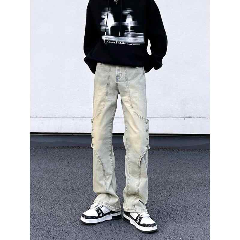 デニムパンツ 男性用 ビンテージ加工 ウォッシュ加工 高見え VIBE系 ルーズフィット テーパード 黄土色 ハイウエスト ジッパーフライ|ラシャンスショップ