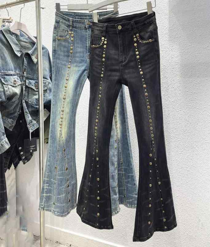 ジーンズ レディース デニムパンツ ベルボトム ハイウエスト ストリート ダメージ加工 ユーズド加工 スキニー ストレッチ ジーパン 大 喇叭型 個性 欧米風 スタイル 黒 ブラック ブルー｜ラシャンスショップ