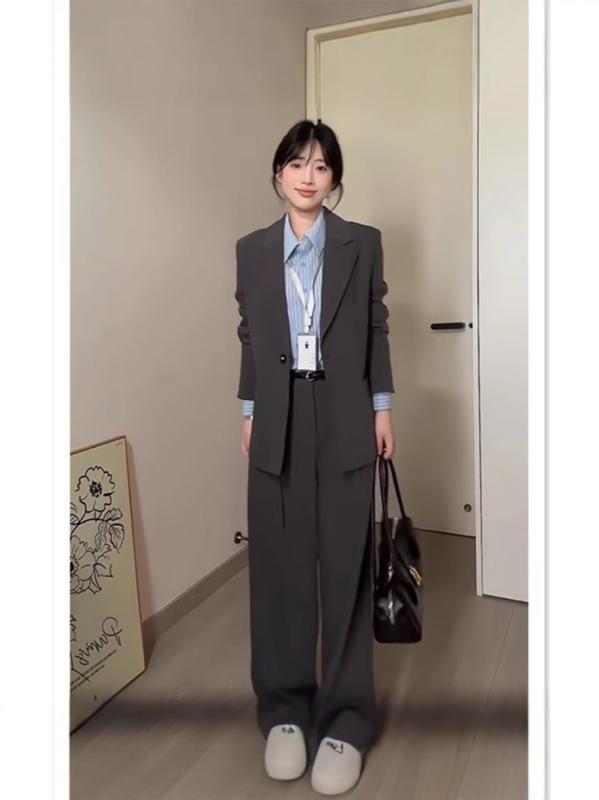 スーツ レディース 大きいサイズ 事務服 OL 通勤スタイル テーラードジャケット スラックスパンツ セットアップ グレー ポリエステル｜ラシャンスショップ