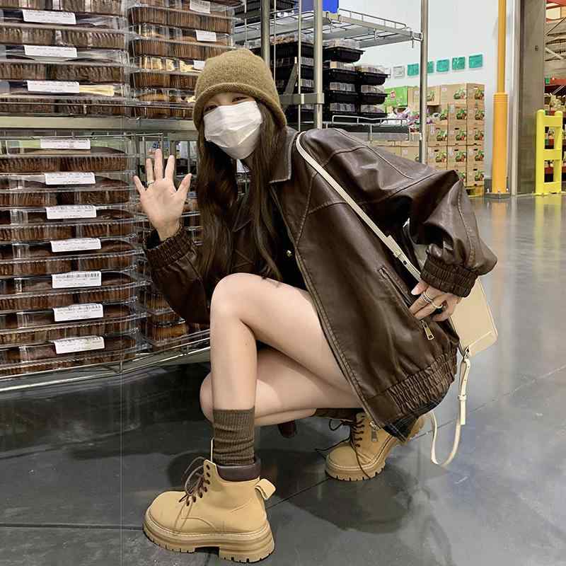レザージャケット レディース 春秋 ショート丈 飛行服 ライダースジャケット 小柄 韓国風 カジュアル ブラック 美ラード色｜ラシャンスショップ 9,235円