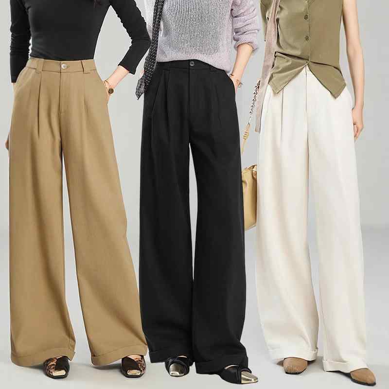 パンツ レディース 天 ? 羊毛混紡 ワイドレッグパンツ ストレート スーツパンツ ゆったり ハイウエスト カジュアルパンツ カーキ ブラック オフホワイト|ラシャンスショップ