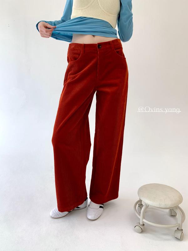 パンツ レディース コーデュロイパンツ 春秋 リラックス ゆったり ストレート ワイドレッグパンツ ロングパンツ 杏色 レッド グリーン 綿95% 中厚｜ラシャンスショップ