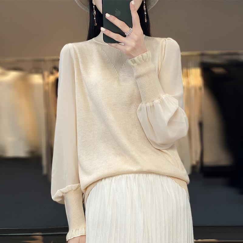 ニット レディース 春夏 薄手 ウール セーター 長袖 プルオーバー トップス ハーフネック パフスリーブ ゆったり カジュアル かわいい 黒 ブラック ベージュ|ラシャンスショップ