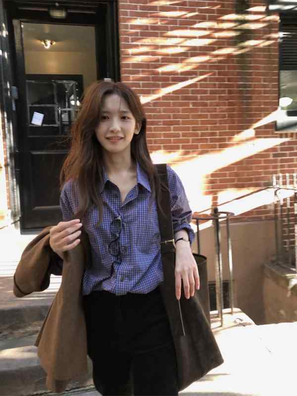 シャツ レディース 長袖 格子柄 コットン 刺・墸 襟付き ゆったり カジュアル 韓国風 グレー系 ブルー系｜ラシャンスショップ