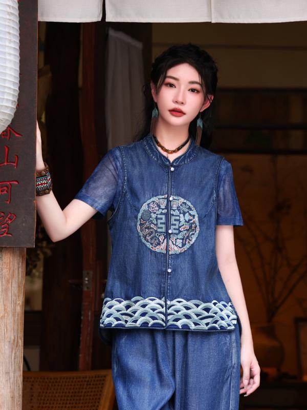 ベスト レディース 新中式 デニム トップス ノースリーブ 刺繍 チャイナスタイル レトロ エスニック アジアン テイスト M L XL｜ラシャンスショップ