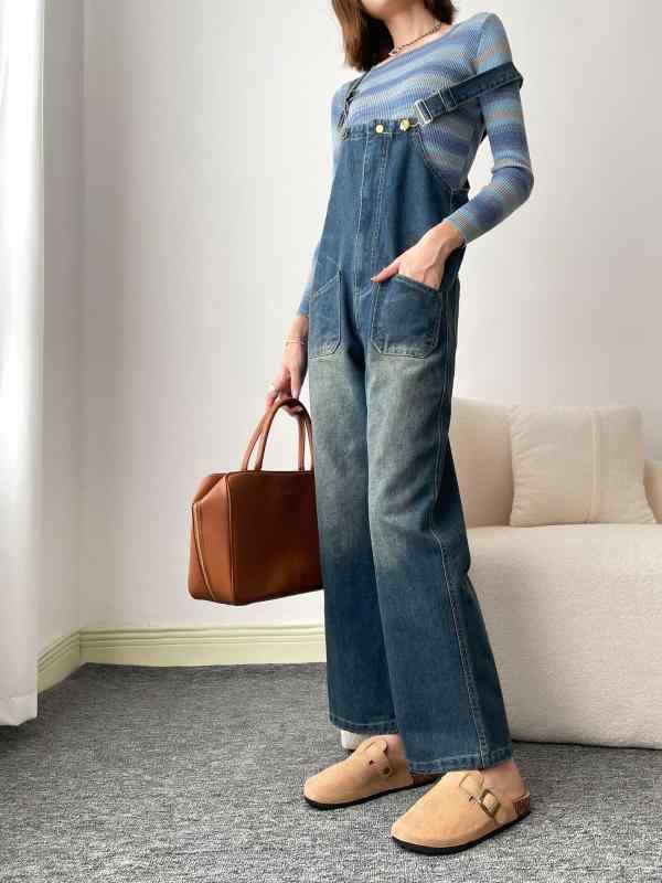 デニム レディース サロペット パンツ 春秋 カジュアル ゆったり ストレート 9分丈 オールインワン ブルー デニムパンツ｜ラシャンスショップ