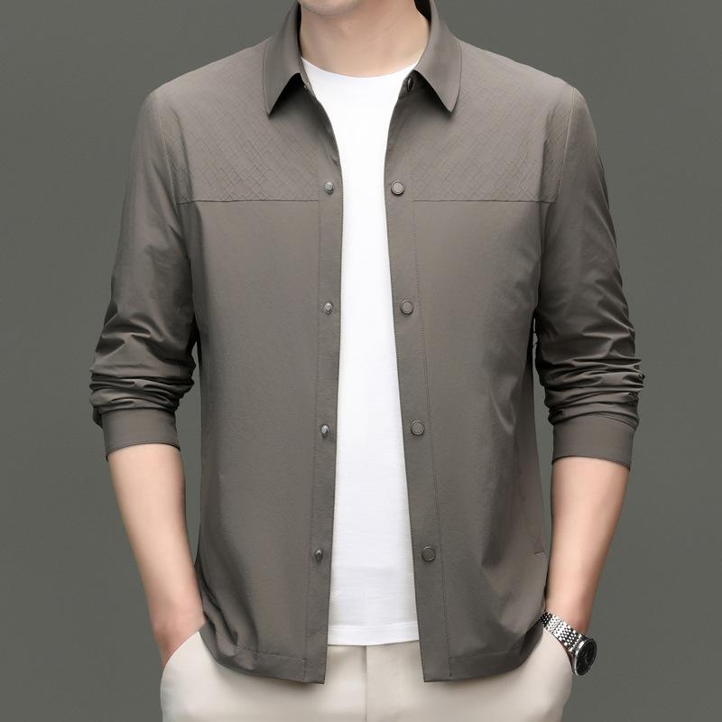 ジャケット 男性用 紳士服 アウター ブルゾン ミドル丈 襟付き シングルブレスト 合体型 無地 コットン混紡 通気性 防風 ベージュ ブルー|ラシャンスショップ
