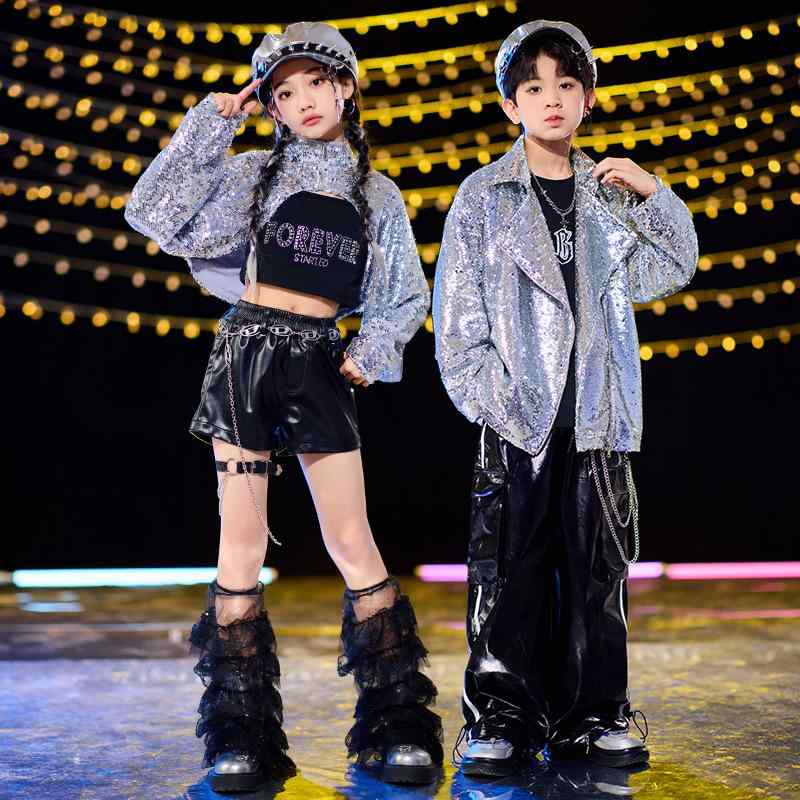 ダンス衣装 子供用 男女兼用 ヒップホップ ジャズダンス ウェア スパンコール ベスト 短パン 長ズボン シルバー 黒 ポリエステル 舞台 演出服 練習着 110cm 120cm 130cm 140cm 150cm 160cm 170cm 180cm｜ラシャンスショップ
