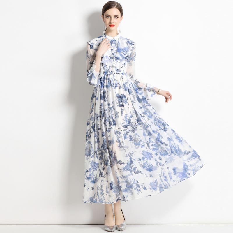 ワンピース レディース フローラルプリント シフォンワンピース ロングワンピース ゆったり エレガント 高見え リゾートワンピース 長袖 花柄ワンピース 大柄プリント Aライン ハイウエスト フェミニン｜ラシャンスショップ
