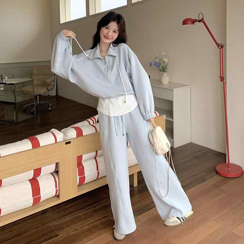 セットアップ レディース 春 韓国風 フェイクレイヤード風 スウェット トレーナー ワイドレッグパンツ 2点セット 普段使い 部屋着 ポリエステル ブルー｜ラシャンスショップ