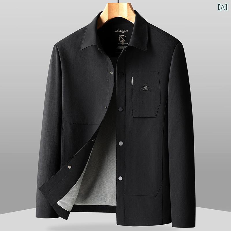 ジャケット 男性用 紳士服 トップス 春秋 薄手 襟付き 合体型 無地 ポリエステル 耐摩耗性 防風 吸湿速乾 日常 普段使い ブラック カーキ パープル|ラシャンスショップ