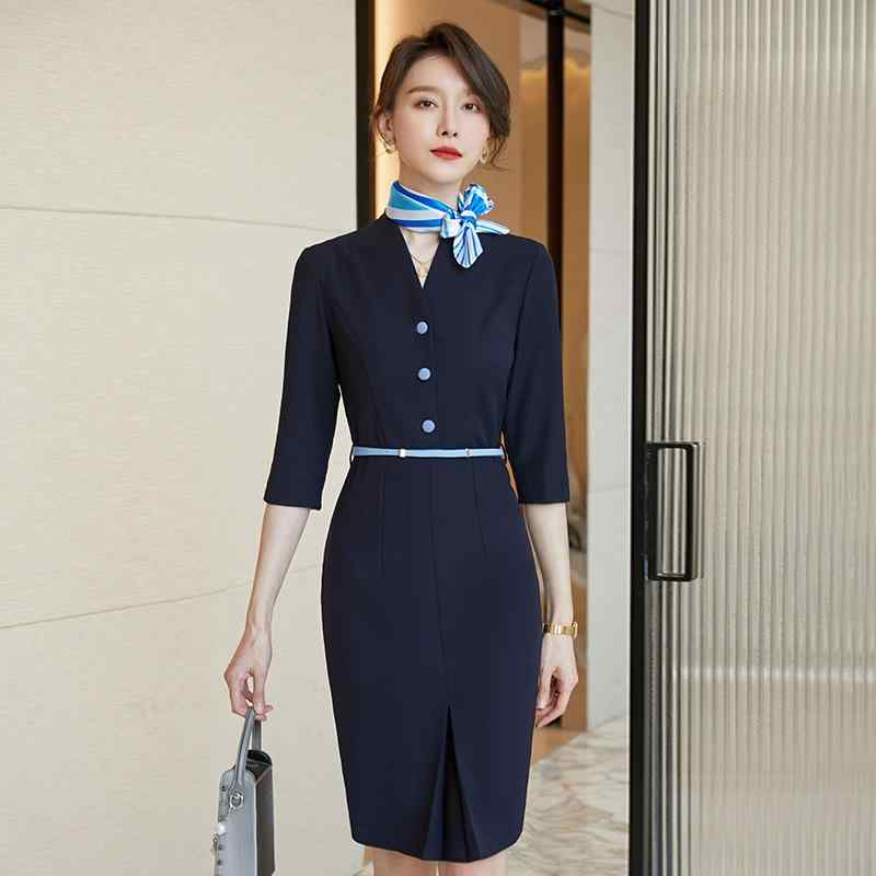 ワンピース レディース 春物 オフィス 膝丈 タイト 韓国風 OL 事務服 フォーマル 通勤服 仕事用 制服 営業職 受付 職業服 高級感 きれいめ 上品 伸縮性 動きやすい 形態安定|ラシャンスショップ