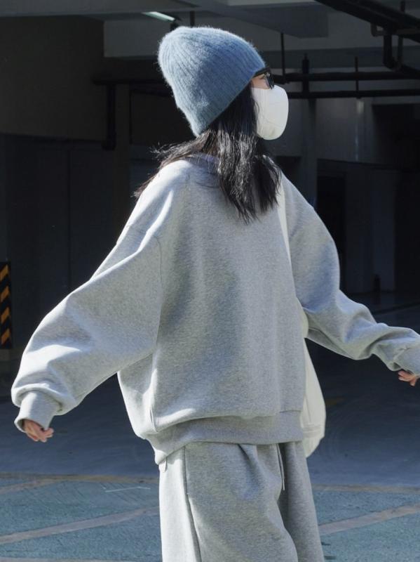 スウェット レディース 春秋 韓国風 カジュアル ゆったり 体型カバー 軽量 快適 トップス 長袖 丸首 綿 ポリエステル 杏色 グレー｜ラシャンスショップ