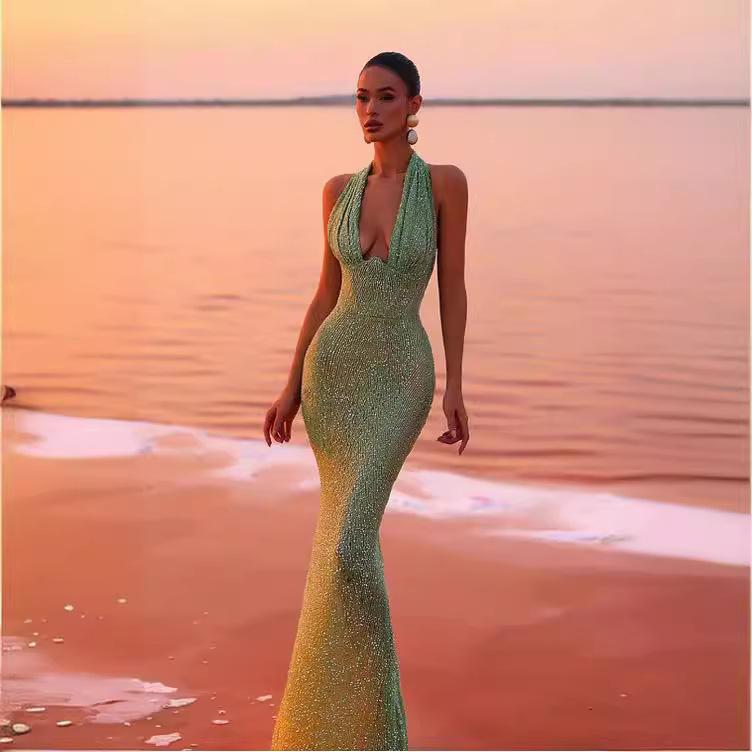ワンピース レディース ノースリーブ 深Vネック セクシー ドレス スパンコール 魚尾 ロングドレス 発表会 パーティー 結婚式 二次会｜ラシャンスショップ 8,328円
