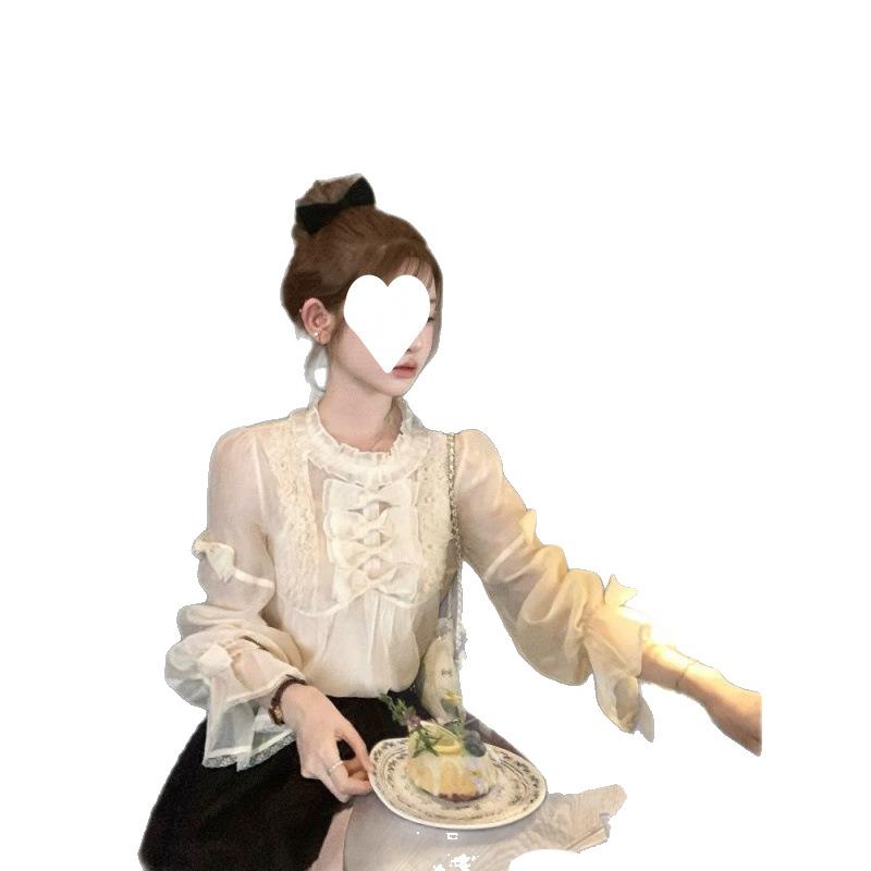 シャツ レディース レース 花柄 リボン 杏色 長袖 トップス きれいめ 通勤 オフィス おしゃれ かわいい｜ラシャンスショップ