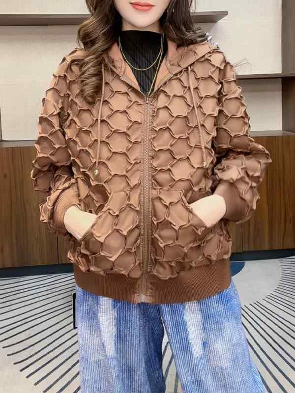 パーカー レディース 春物 カジュアル 日韓風 快適 普段使い 長袖 トップス ポリエステル 菱形 快適 伸縮性 フード付き ジップアップ 部屋着 ワンマイルウェア ブラウン ブラック|ラシャンスショップ