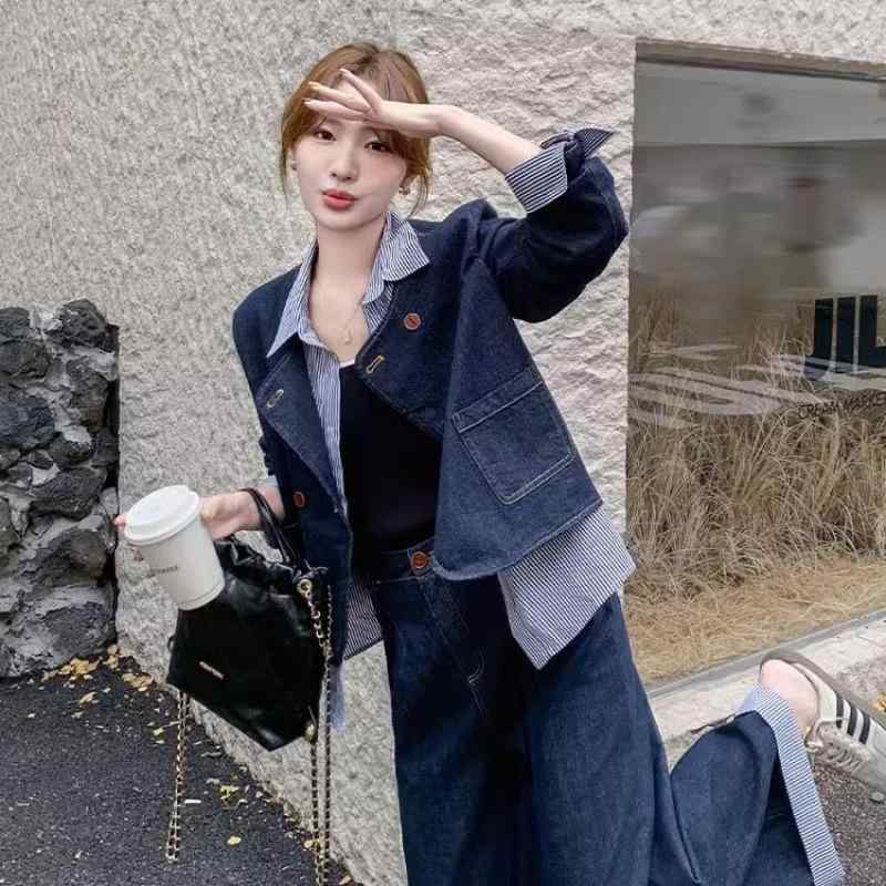 セットアップ レディース デニム パンツ 春秋 韓国風 小柄 向け ワイドレッグパンツ カットソー トップス 綿 ポリエステル ゆったり 普段使い|ラシャンスショップ