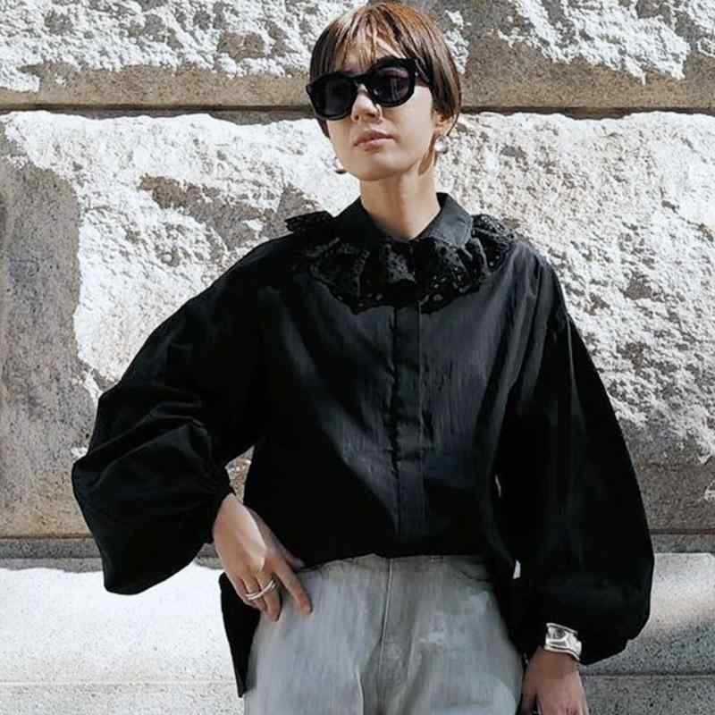 シャツ レディース 長袖 チュニック丈 コットン レース 切り替え 襟付き トップス ブラウス ゆったり オフホワイト ブラック｜ラシャンスショップ