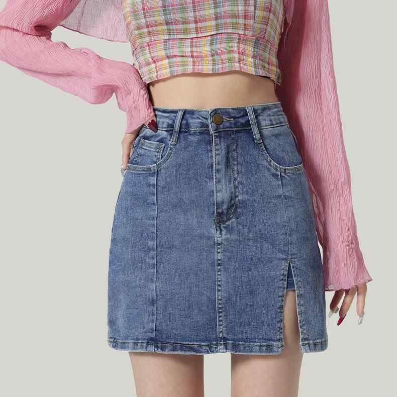 半身スカート 女性用 夏 ハイウエスト デニム ミディ丈 包みスカート Aライン スリット 切り替え 修身 スリム 防走光 軽量 伸縮性 吸湿速乾 ブルー 通勤 普段使い 私服 カジュアル 御姐風|ラシャンスショップ