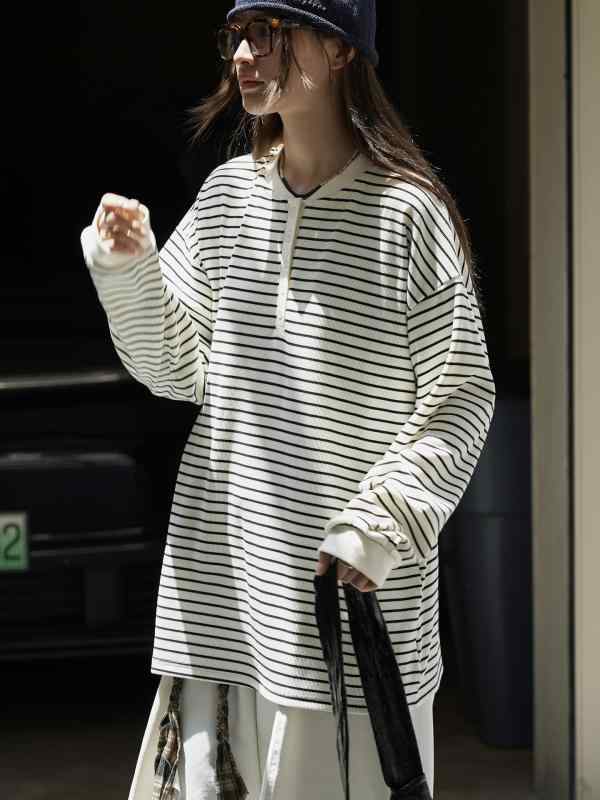 Tシャツ レディース 韓国風 ゆったり 長袖 トップス カットソー 柔らかい 肌触り 良い ストライプ ポリエステル ラウンドネック ドロップショルダー カジュアル 春秋|ラシャンスショップ