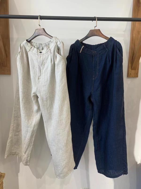 パンツ レディース リネンパンツ 麻 ワイドパンツ ストレートパンツ イージーパンツ ギャザー ゆったり 文芸風 リラックス ルームウェア 部屋着 麻本色 ダークブルー｜ラシャンスショップ