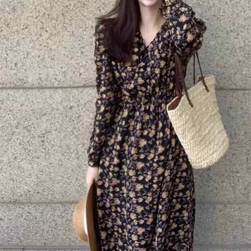 ワンピース 女性用 春夏 フレンチ風 復古 長袖 フラワー柄 ロングドレス ウエストシェイプ スリムライン Vネック シフォン素材 Aライン 泡泡袖 松緊腰 ウッドイヤーエッジ ポリエステル ポリエステル混 芸術的スタイル サイドジップ 単品セット ロン｜ラシャンスショップ