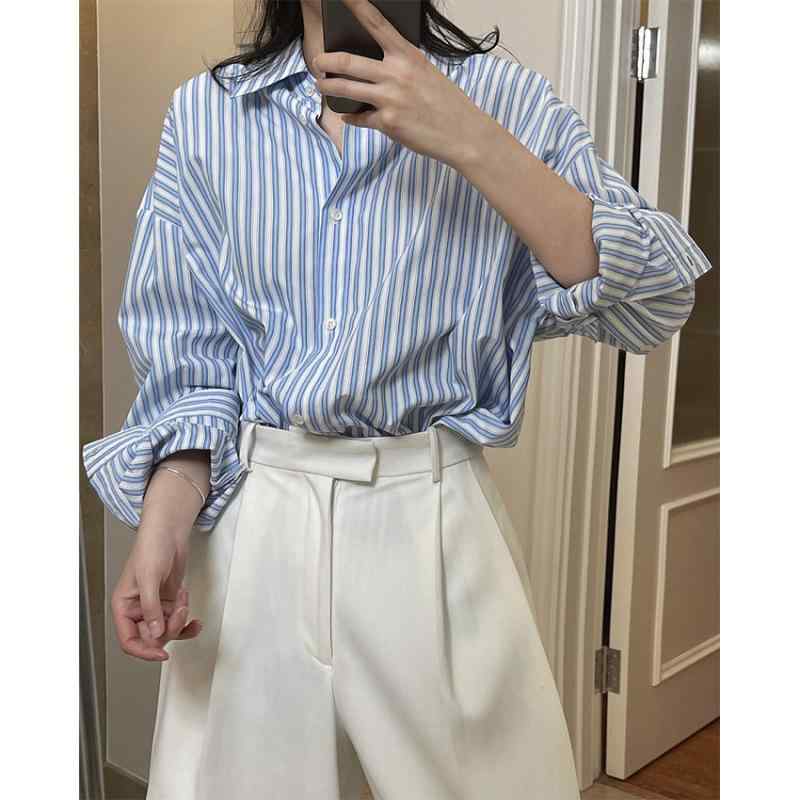 シャツ レディース 春夏 ストライプ柄 襟付き トップス 長袖 コットン ゆったり オーバーサイズ カジュアル 韓国風 ブルー系|ラシャンスショップ