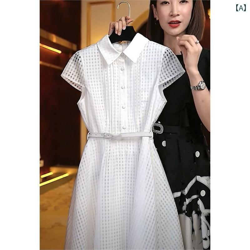 ワンピース レディース 春夏 半袖 POLOネック Aライン 膝丈 シルクコットン 中国風 レトロ 白 高見え 細見え|ラシャンスショップ