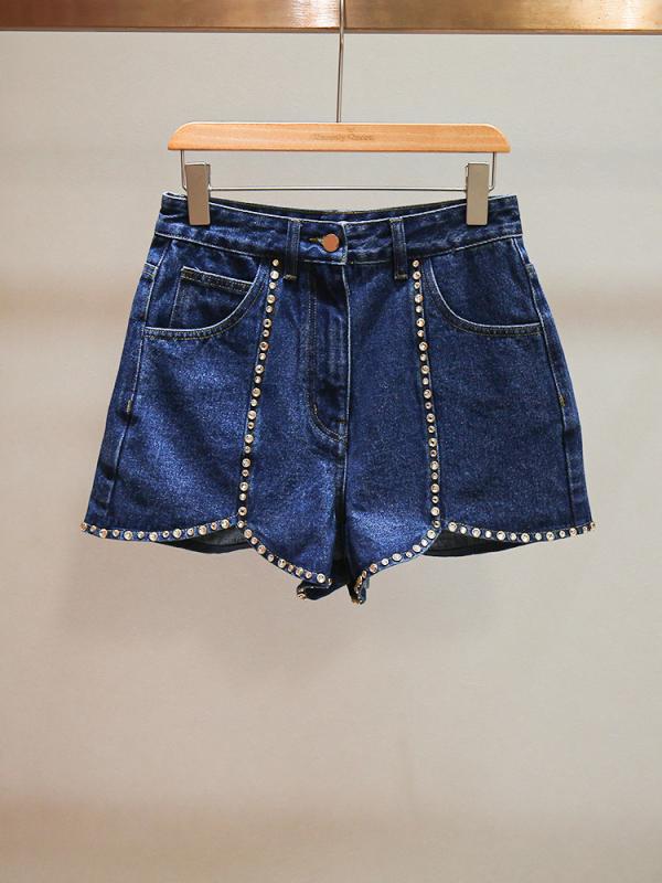 デニムショートパンツ レディース 高見え カジュアル 高腰 Aライン ワイドレッグ 短パン ポケット 接触冷感 ブルー｜ラシャンスショップ