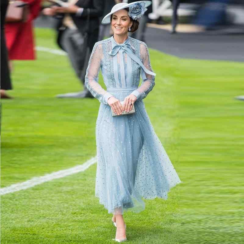 ワンピース レディース 長袖 長丈 プリンセススカート ミドルウエスト スカーフネック ベルト付き 切り替えデザイン フラワーレース フラッフィー生地 接触冷感 ポリエステル混紡 ナチュラルブルー 気品通勤 かわいい 爽やか 女性用 トップス ドレス エ|ラシャンスショップ