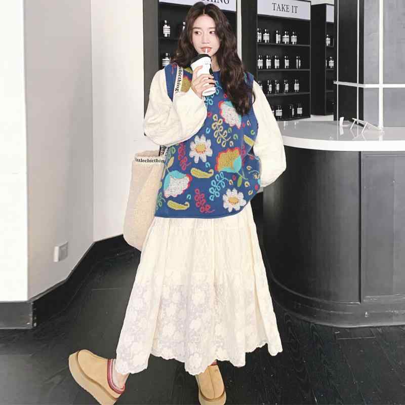 レディース ニット ベスト セット ワンピース 春夏 長袖 長丈 Aライン ハイウエスト 丸首 レース 刺繍 切り替え 花柄 プリント ポリエステル 素材 清新 かわいい 甘め スタイル 軽量 通勤 普段使い 伸縮性 吸湿速乾|ラシャンスショップ