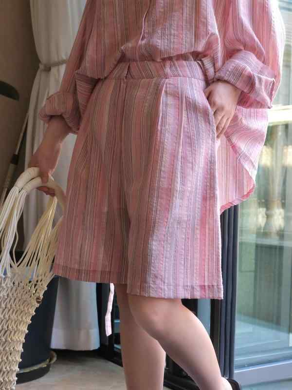 パンツ レディース 春夏 高腰 ワイドパンツ ストライプ柄 ポリエステル コットン 混紡 五分丈 ハーフパンツ ゆったり 楽ちん 薄手 韓国風 カジュアル リラックス ウェア 部屋着|ラシャンスショップ
