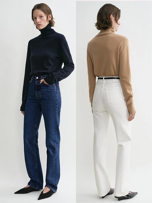 ジーンズ レディース 高腰 ストレート デニム パンツ コットン 窄腿 スタイルアップ ロングパンツ ホワイト 白 ダークブルー 春夏｜ラシャンスショップ