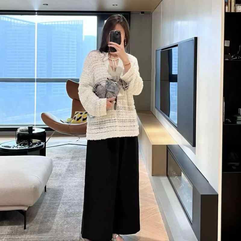 ニット レディース 長袖 白 透かし編み リボンタイ ブラウス風 春夏 上品 フェミニン カジュアル きれいめ 薄手 レイヤード トップス｜ラシャンスショップ