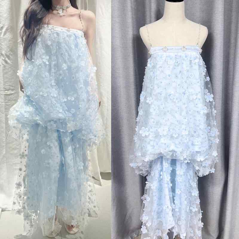 ワンピース レディース 吊り紐 ドレス 抹胸 タイプ 一字領 無袖 ロング丈 仙女 スカート 網? レイヤード 花柄 ブルー ホワイト 夏 涼しい 軽量 ポリエステル 素材 かわいい フェミニン スタイル 私服 普段使い ファッション アイテム|ラシャンスショップ