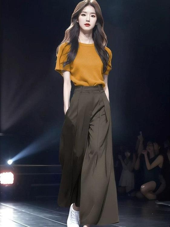 セットアップ レディース 高身長向け カジュアル きれいめ 20代 30代 春夏 ニット トップス ワイドレッグパンツ ポリエステル 旅行 リゾート お洒落｜ラシャンスショップ