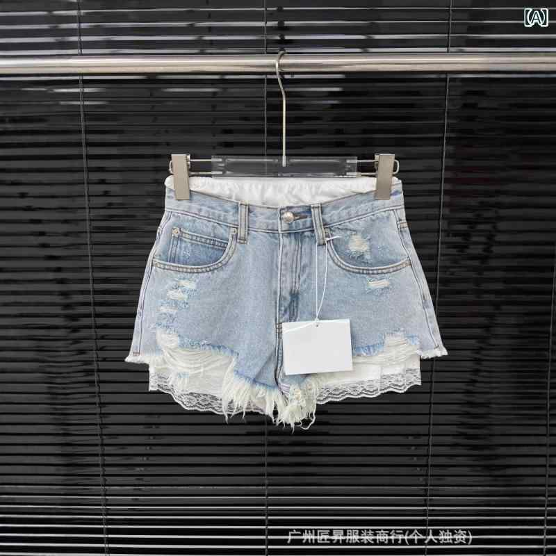 デニムパンツ レディース 春夏 レース切り替え ダメージ加工 ショートパンツ ジーパン 普段使い 街頭 中厚手 伸縮性なし 浅青色 黒｜ラシャンスショップ