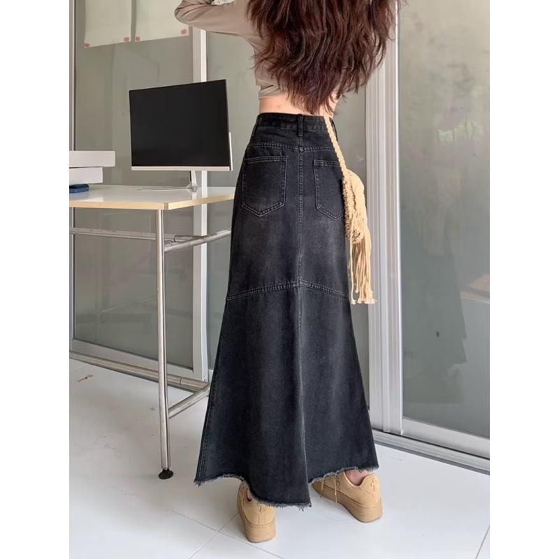 スカート レディース Aライン 春夏 デニム ミモレ丈 黒 スリット ハイウエスト スタイルアップ 美脚 脚長 伸縮性 コットン｜ラシャンスショップ
