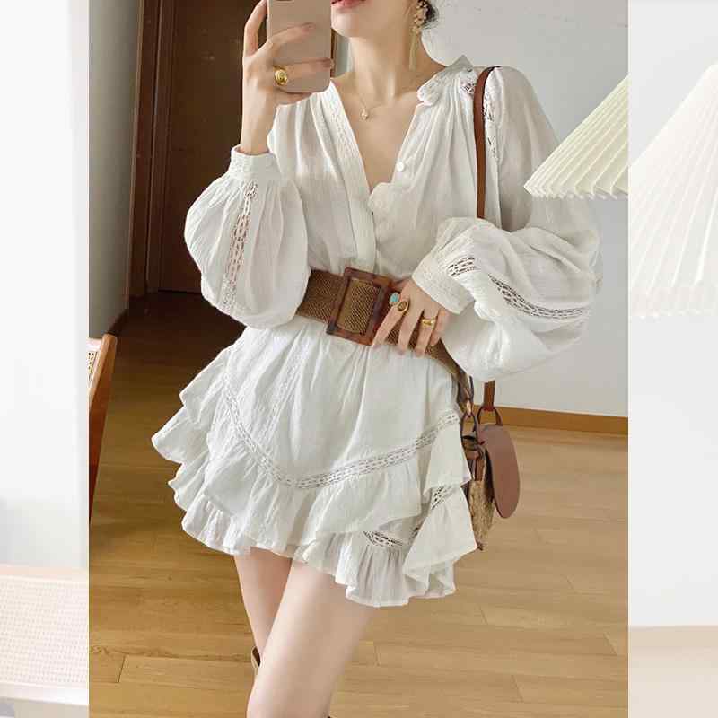 ワンピース レディース 春夏 セットアップ 白 Aライン Vネック 長袖 膝上丈 高見え きれいめ 上品 かわいい フェミニン 森ガール|ラシャンスショップ