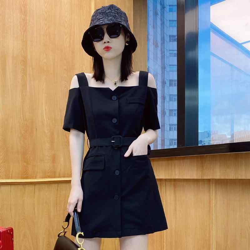 ワンピース ドレス レディース オフショルダー ストラップ ミニ丈 ショート丈 Aライン バックオープン セクシー エレガント かわいい ガーリー ポケット ボタン 黒 白 春夏|ラシャンスショップ