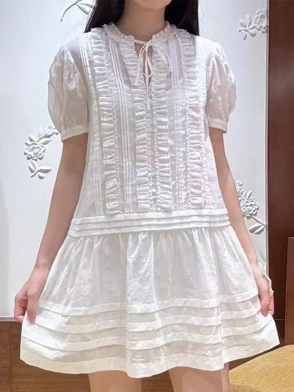 ワンピース レディース 春夏 半袖 ミニワンピース チュニック 花柄 レース パフスリーブ 白 アンバー 姜黄色｜ラシャンスショップ