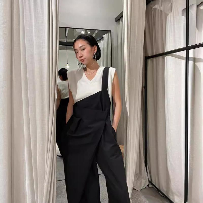 サロペット レディース 春夏 日系 アウトドア ゆったりシルエット 不規則 ロングパンツ 軽やか 通気性 コットン 高腰 カジュアル 普段使い 薄手 白 黒｜ラシャンスショップ
